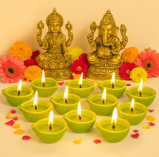 Decorative Ceramic Handmade Diya Set | Pack Of 12 | Green Colour
