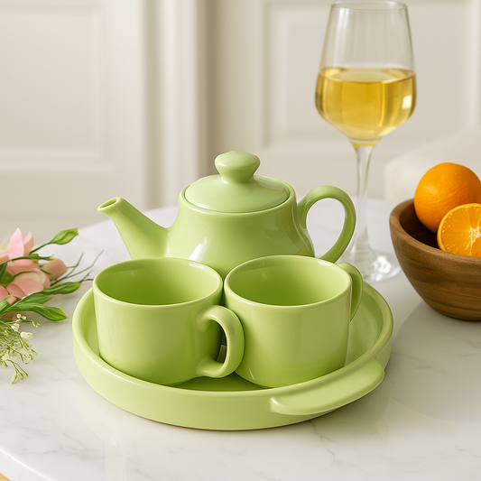 Ceramic Tea Cup Set with Kettle & Serving Tray | Pastel Green color (4 Piece Set)