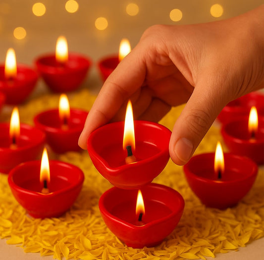 Decorative Ceramic Handmade Diya Set | Pack Of 12 | Red Colour