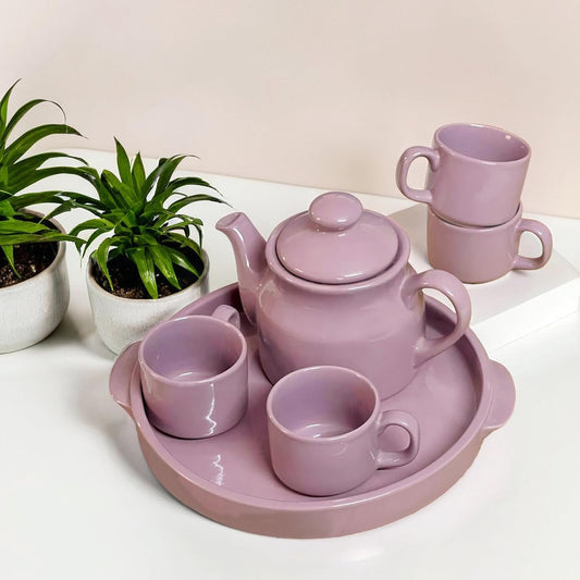 Ceramic Tea Cup Set with Kettle & Serving Tray | Lavender Colour (6 pieces set)