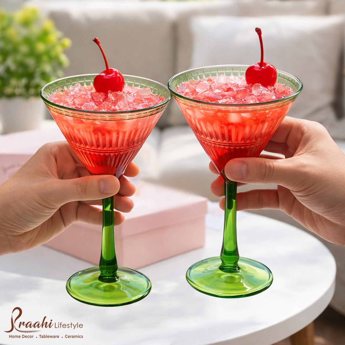 Premium Martini Glasses With Gift Box (Set of 2, Emerald Green)