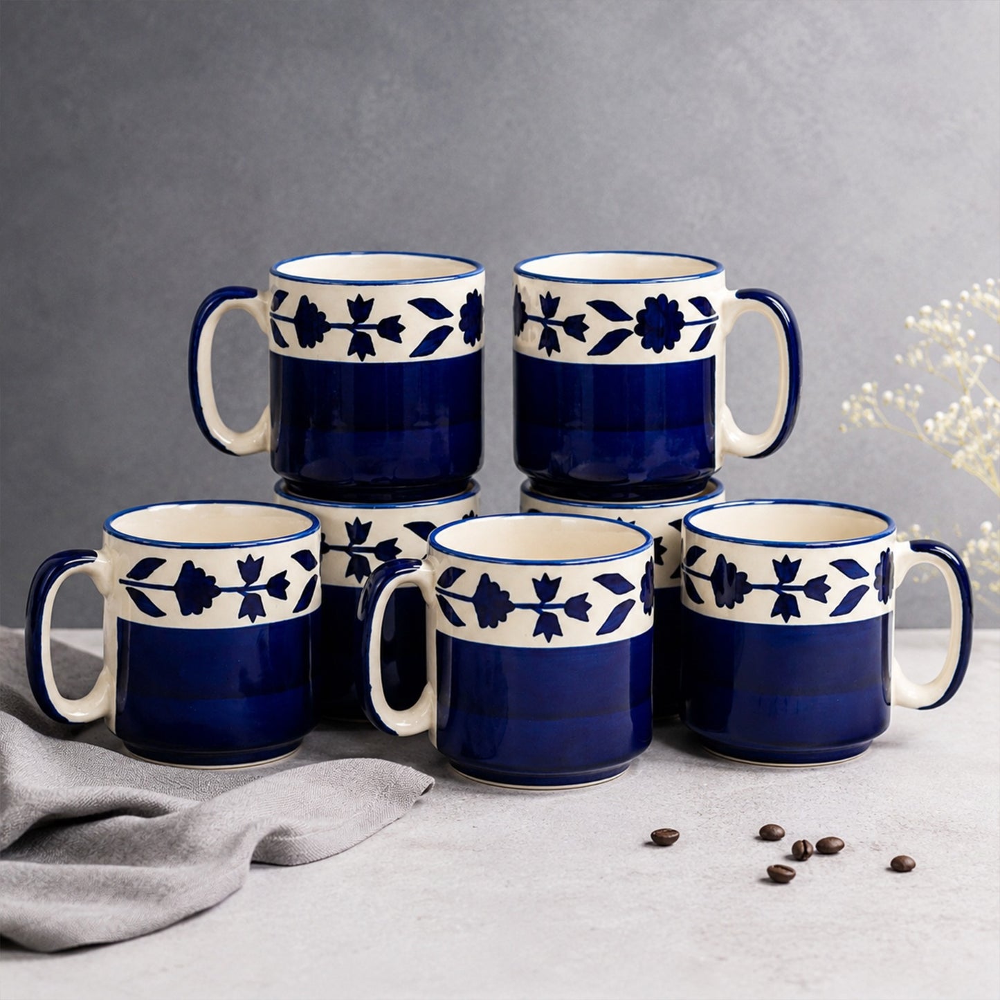 Blue Floral Coffee Mugs set of 6