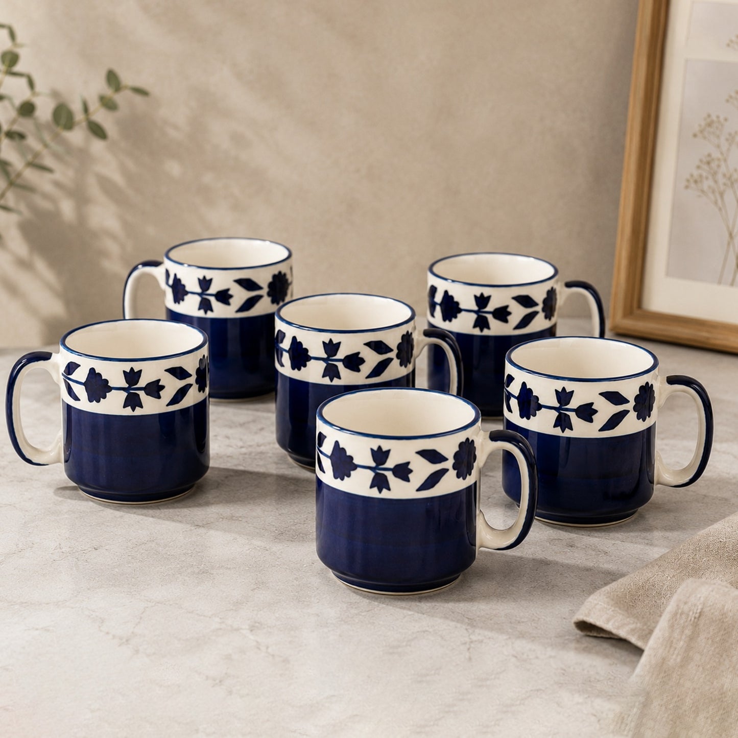 Blue Floral Coffee Mugs set of 6