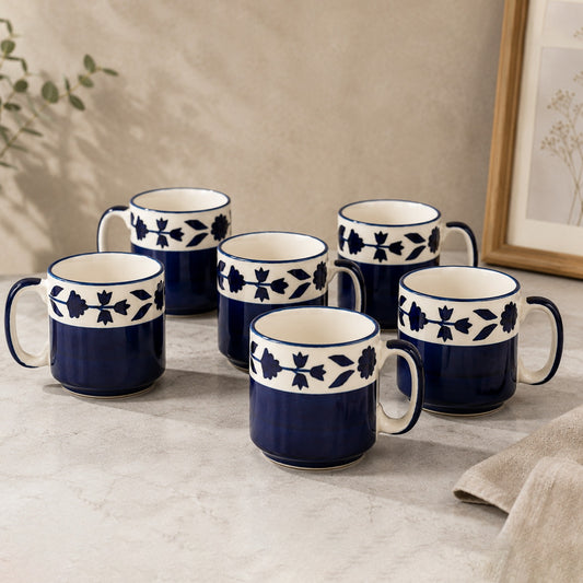 Blue Floral Coffee Mugs set of 6