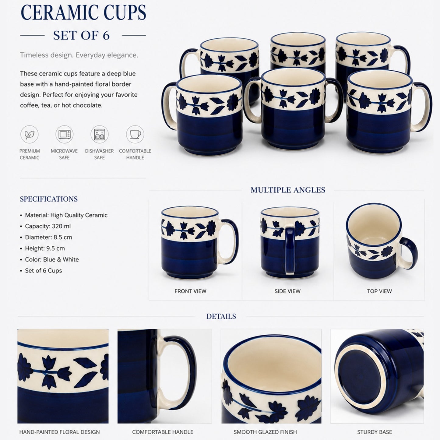 Blue Floral Coffee Mugs set of 6