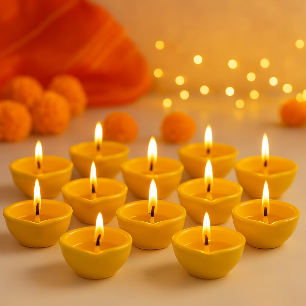 Decorative Ceramic Handmade Diya Set | Pack Of 12 | Yellow Colour
