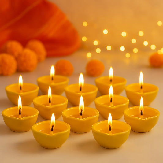 Decorative Ceramic Handmade Diya Set | Pack Of 12 | Yellow Colour