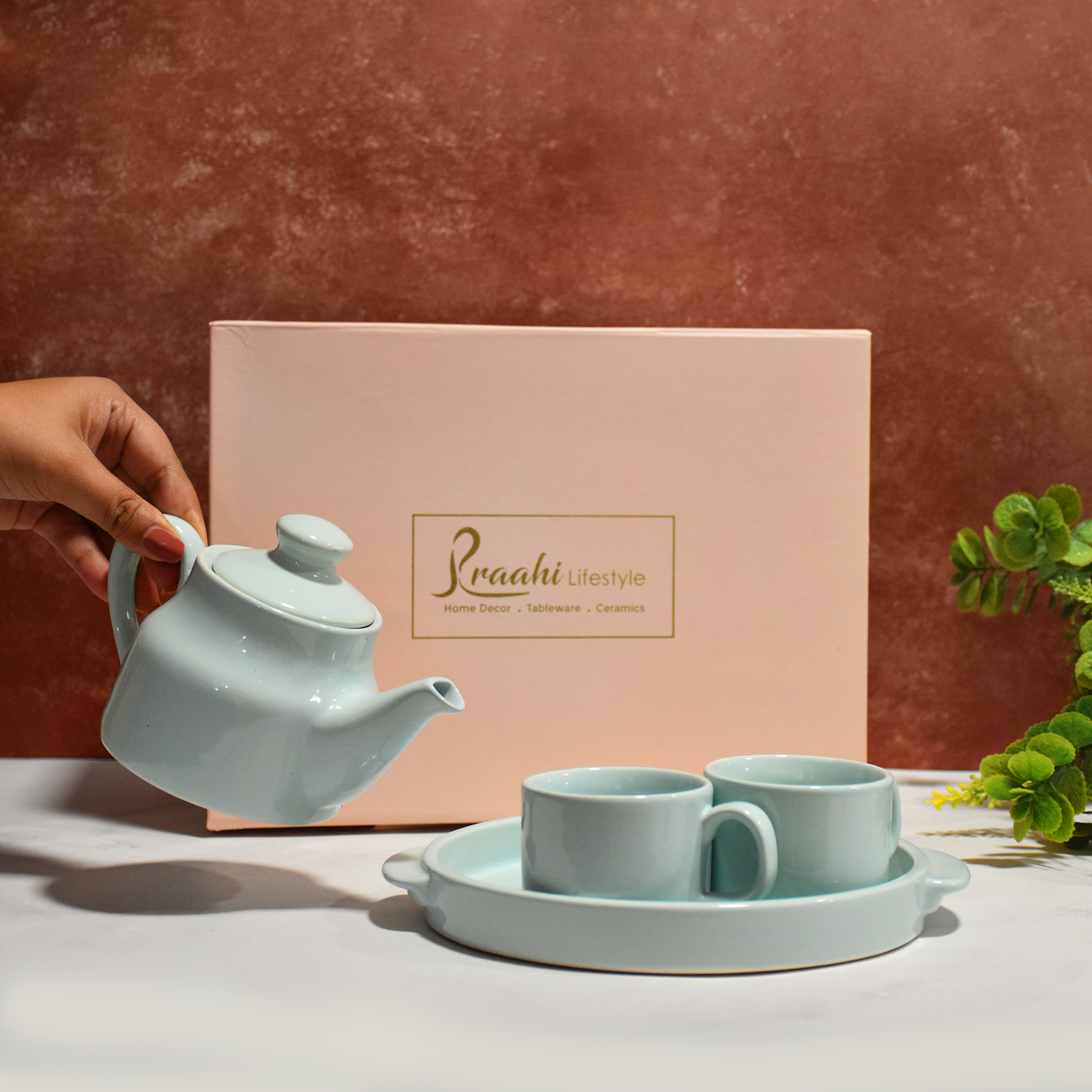 Ceramic Tea Cup Set with Kettle & Serving Tray | Powder Blue color (4 Piece Set)