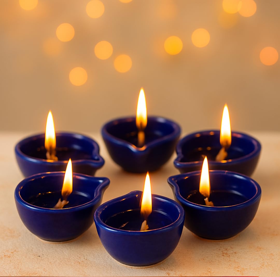 Decorative Ceramic Handmade Diya Set | Pack Of 12 | Navy Blue Colour