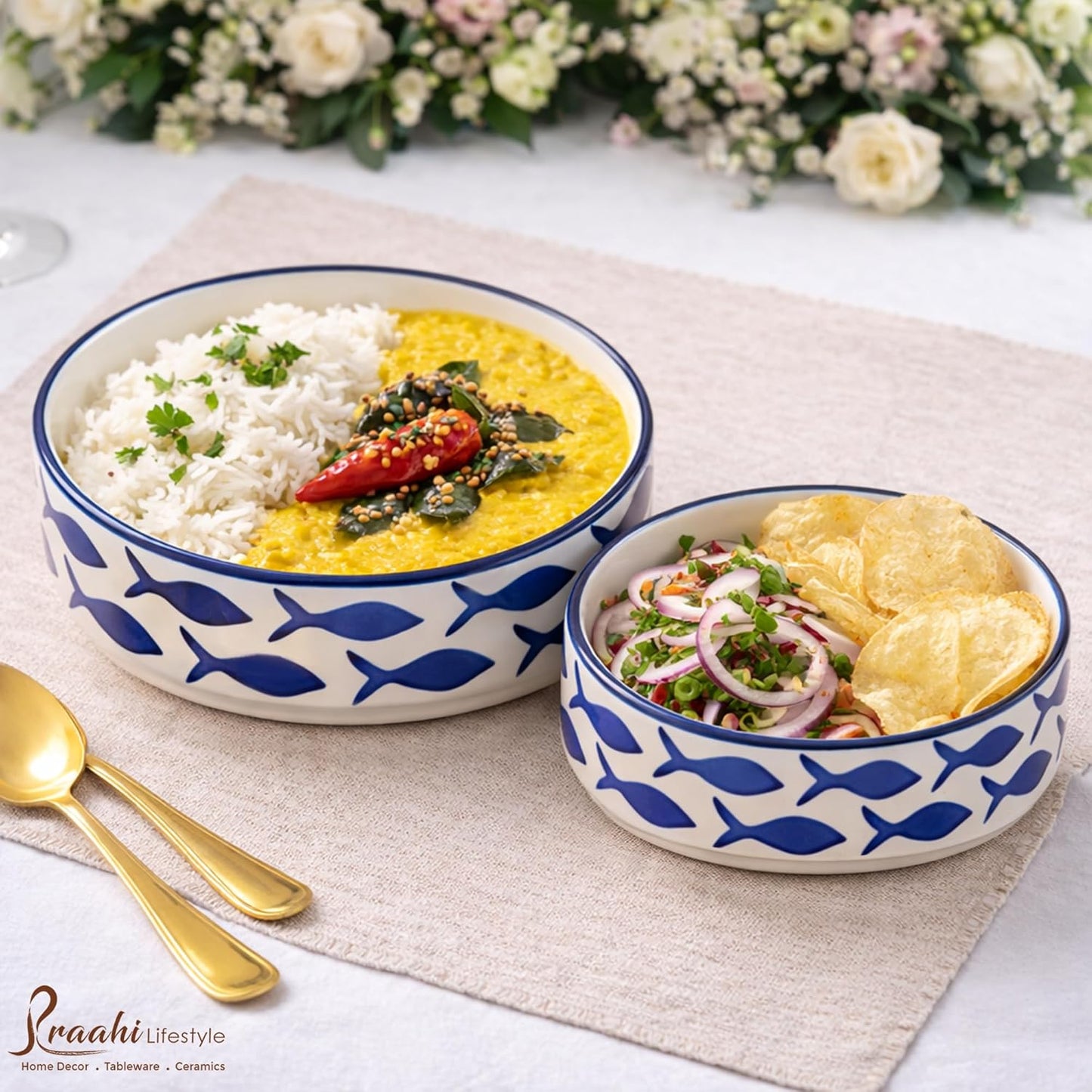 Premium Ceramic Salad Bowl - Set Of 3 Serving Bowl (Fish pattern salad bowl)