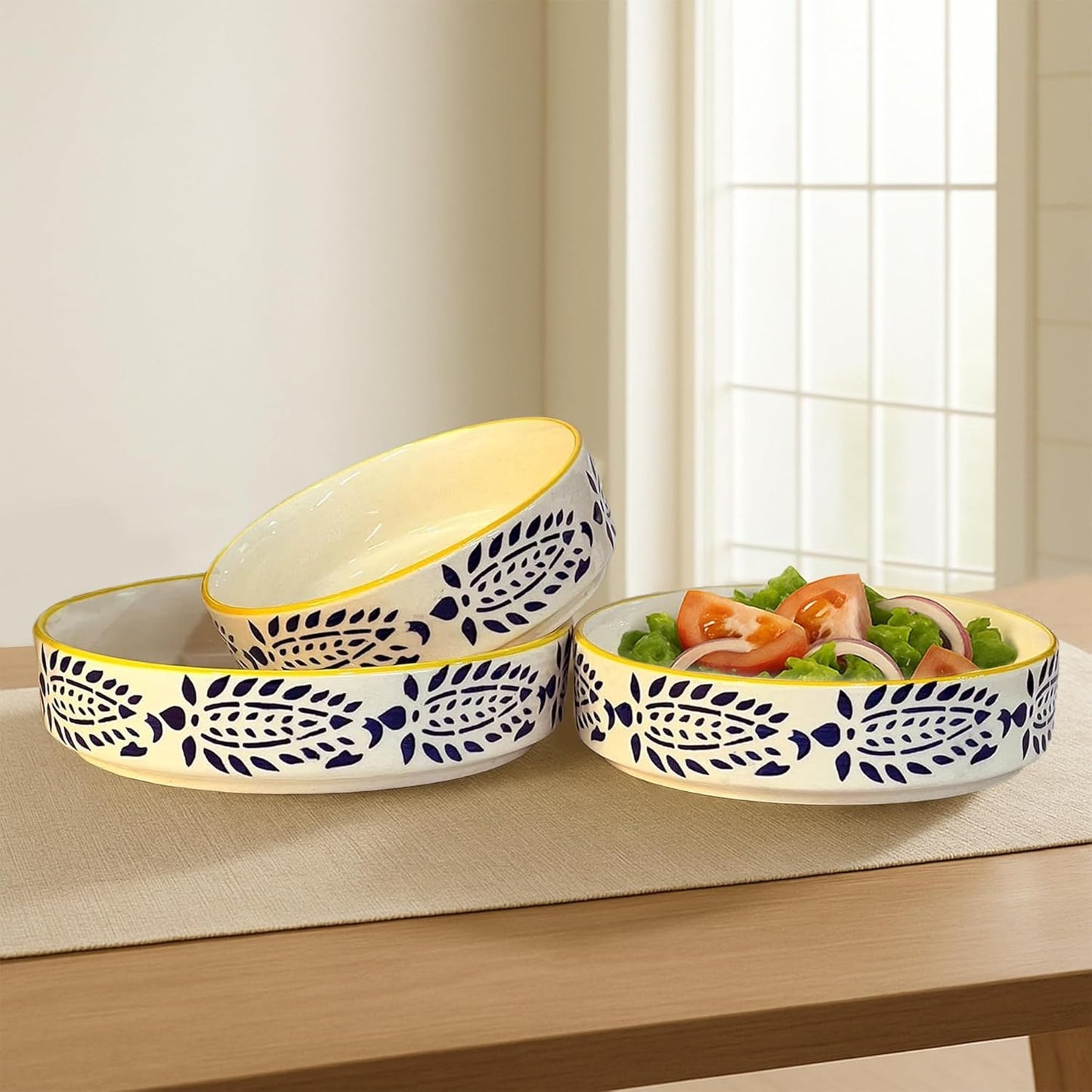 Premium Ceramic Salad Bowl - Set Of 3 Serving Bowl (Yellow Rim Bowls Set)