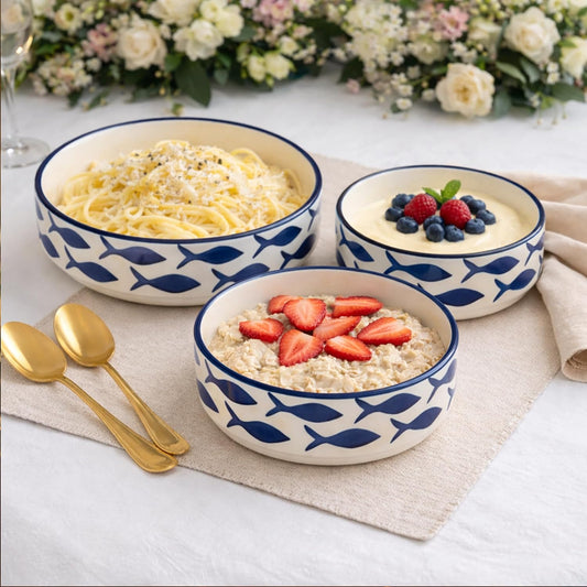 Premium Ceramic Salad Bowl - Set Of 3 Serving Bowl (Fish pattern salad bowl)