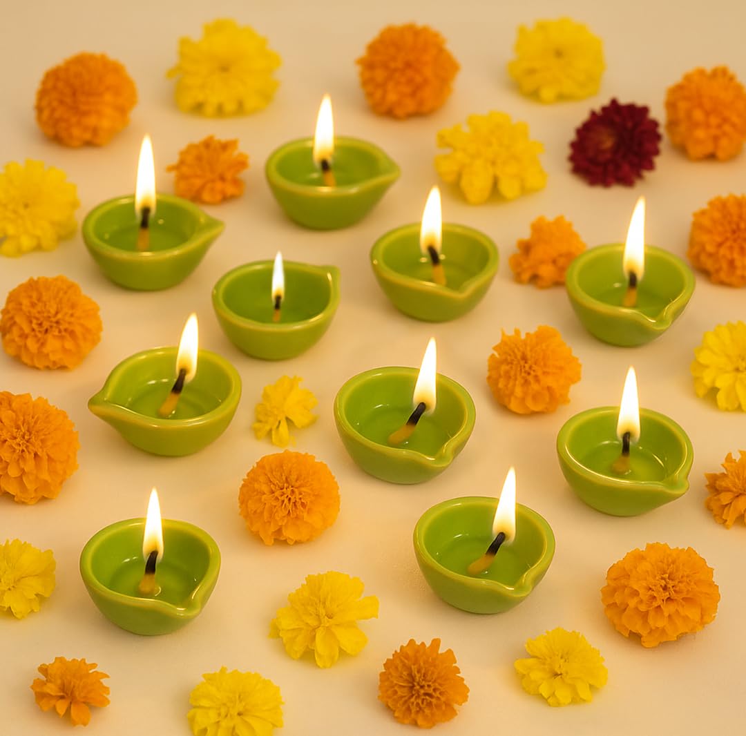 Decorative Ceramic Handmade Diya Set | Pack Of 12 | Green Colour