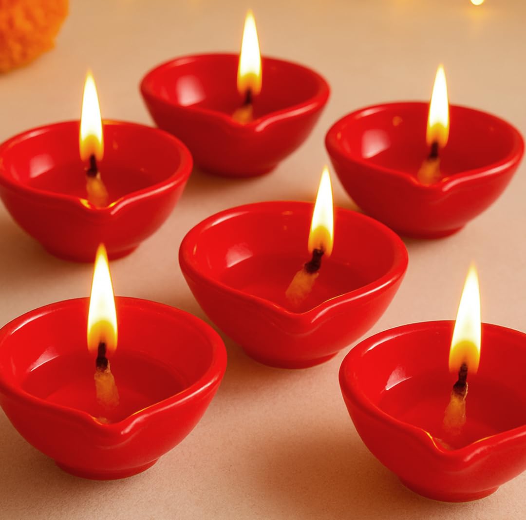 Decorative Ceramic Handmade Diya Set | Pack Of 12 | Red Colour