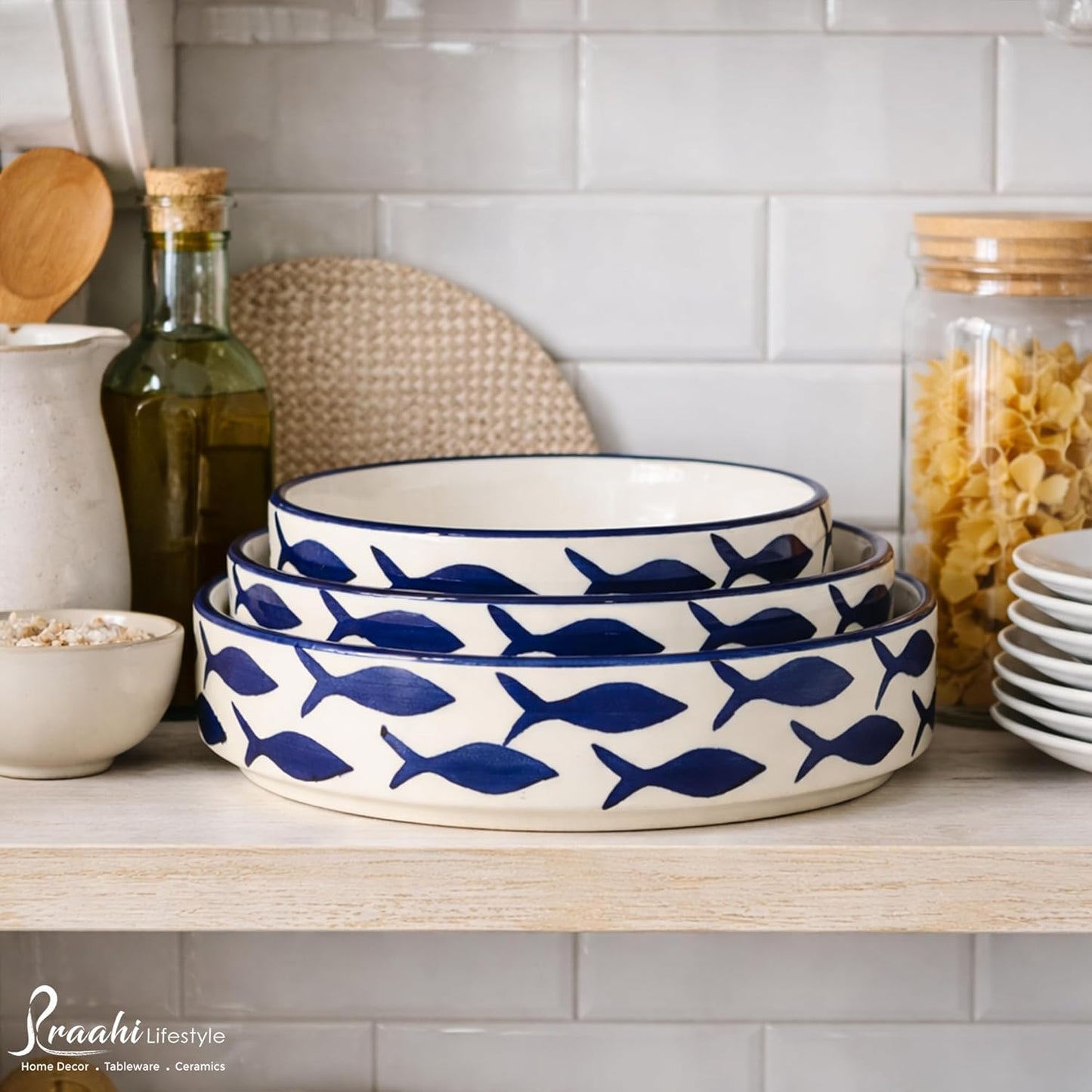 Premium Ceramic Salad Bowl - Set Of 3 Serving Bowl (Fish pattern salad bowl)