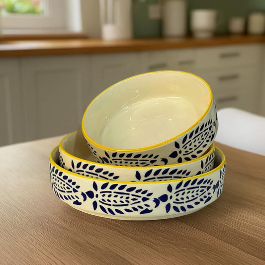 Premium Ceramic Salad Bowl - Set Of 3 Serving Bowl (Yellow Rim Bowls Set)