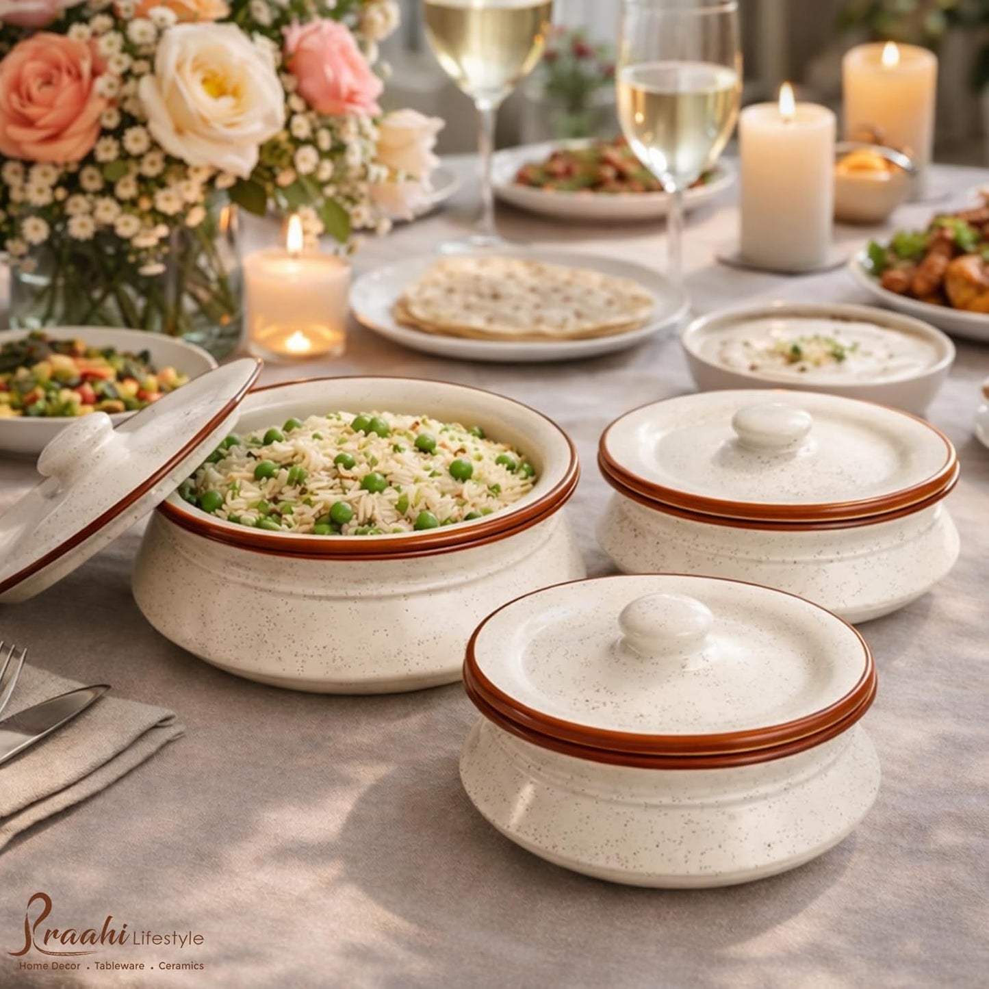 Brown Rim Ceramic Handi Set with lid - Set of 3 | Dahi handi set