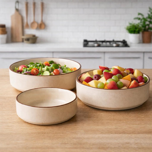 Premium Ceramic Salad Bowl - Set Of 3 Serving Bowl (Brown Rim)