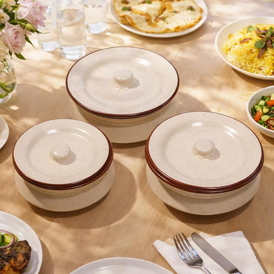 Brown Rim Ceramic Handi Set with lid - Set of 3 | Dahi handi set
