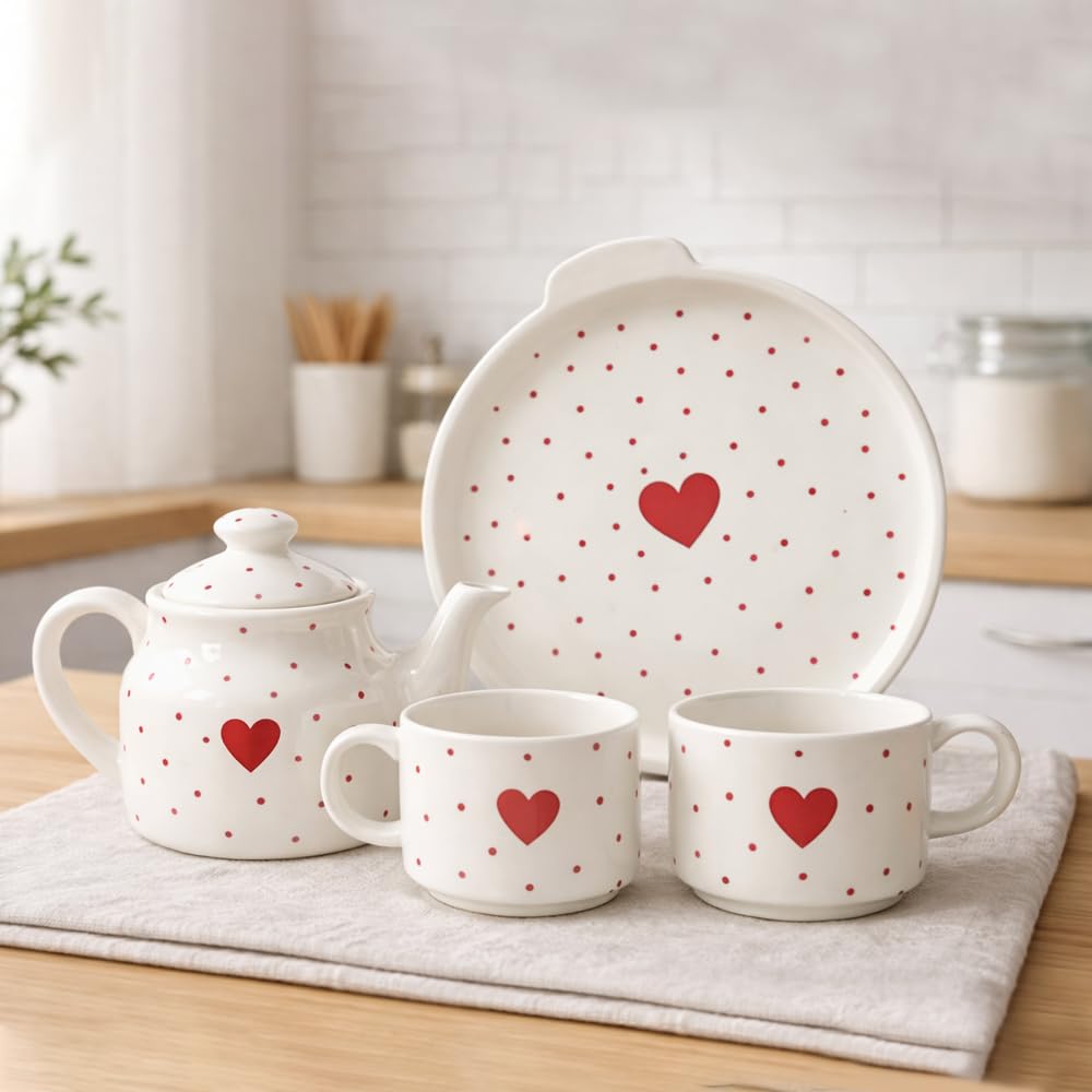 Ceramic Tea Cup Set with Kettle & Serving Tray | Pure Love Red Hearts (4 Piece Set)