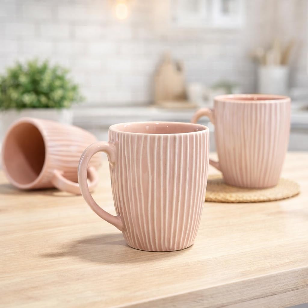 Blush Pink Embossed Coffee Mugs Set of 6