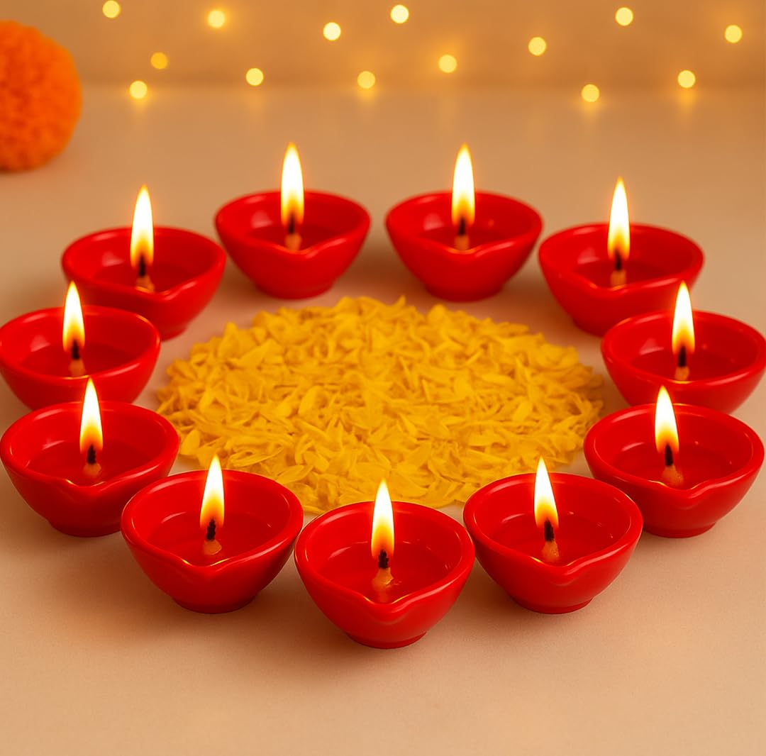 Decorative Ceramic Handmade Diya Set | Pack Of 12 | Red Colour