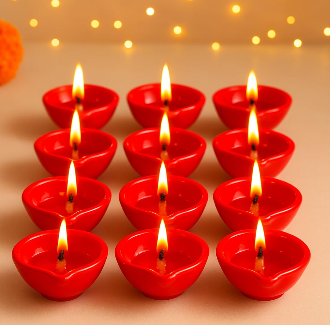 Decorative Ceramic Handmade Diya Set | Pack Of 12 | Red Colour