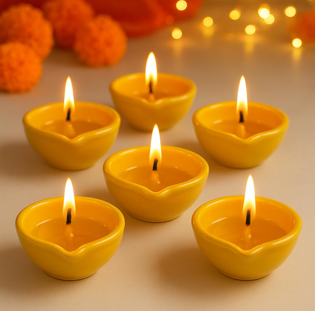 Decorative Ceramic Handmade Diya Set | Pack Of 12 | Yellow Colour