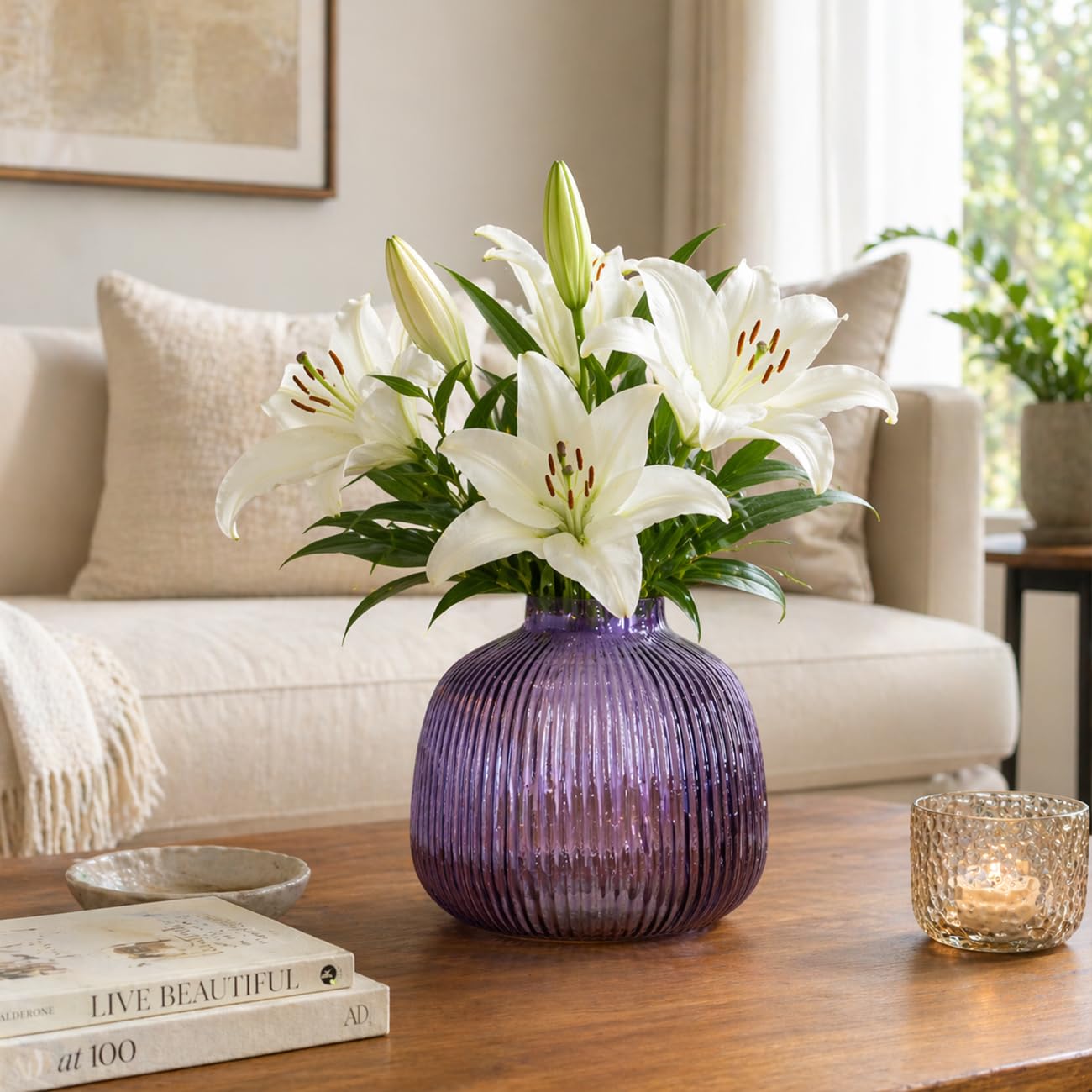 Fluted Round Glass Vase | Purple | 6 inches | Gifting- Diwali Gift/Office Gift