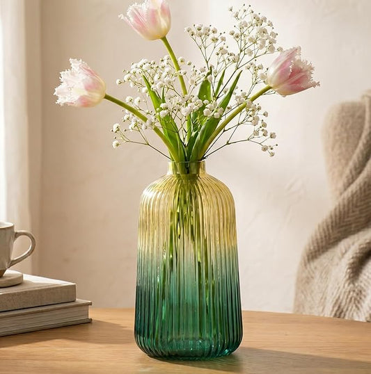 Fluted Bottle Glass Vase - Green | 8.5 inches Height