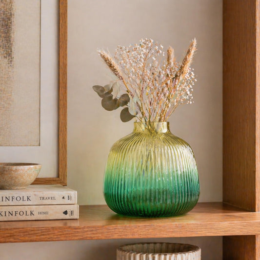 Fluted Round Glass Vase | Green Colour | 6 inches Height