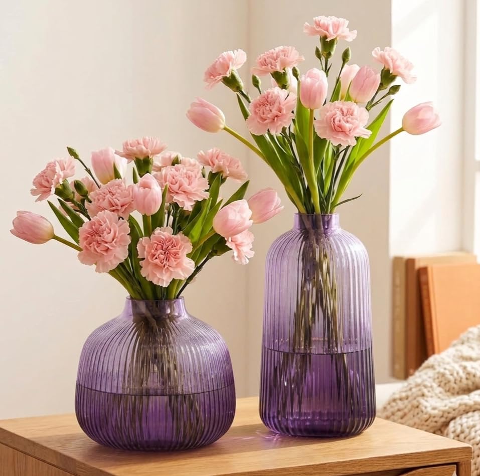 Fluted Glass Vases Combo set | Purple | 6 inches, 8.5 inches