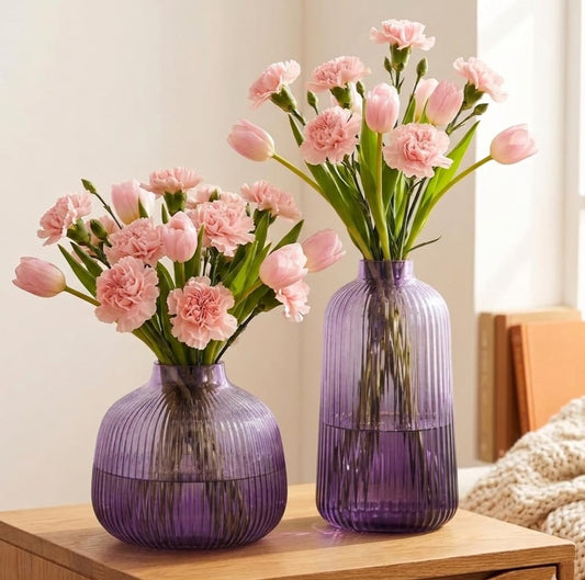Fluted Glass Vases Combo set | Purple | 6 inches, 8.5 inches