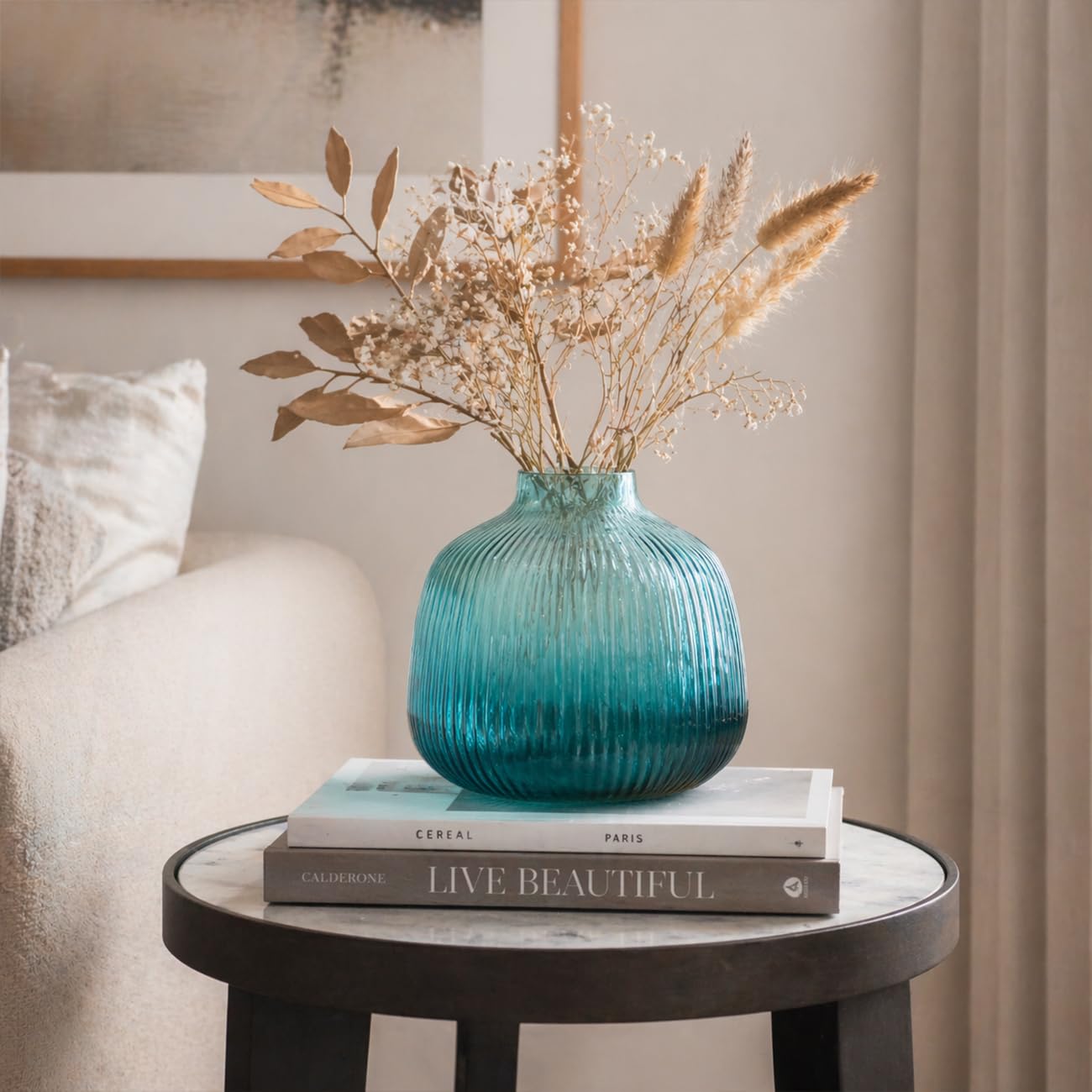 Fluted Round Glass Vase | Blue Colour | 6 inches Height