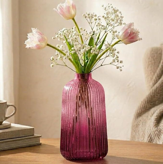 Fluted Bottle Glass Vase | Paprika Pink colour | 8.5 inches Height