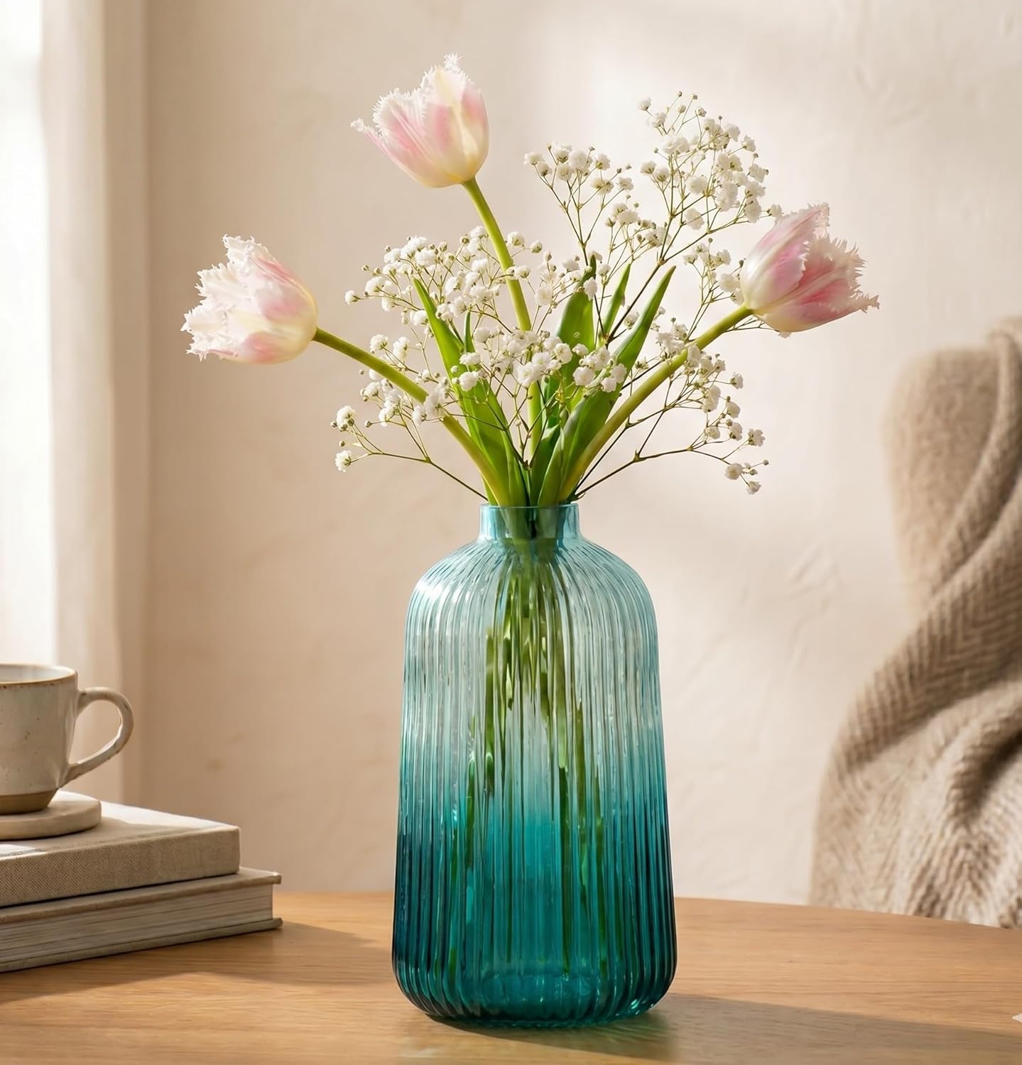 Fluted Bottle Glass Vase - Blue | 8.5 inches Height