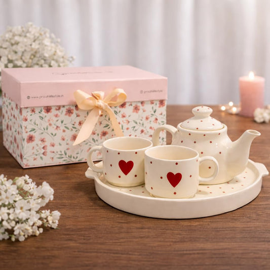 Ceramic Tea Cup Set with Kettle & Serving Tray | Pure Love Red Hearts (4 Piece Set)