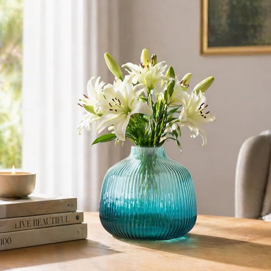 Fluted Round Glass Vase | Blue Colour | 6 inches Height