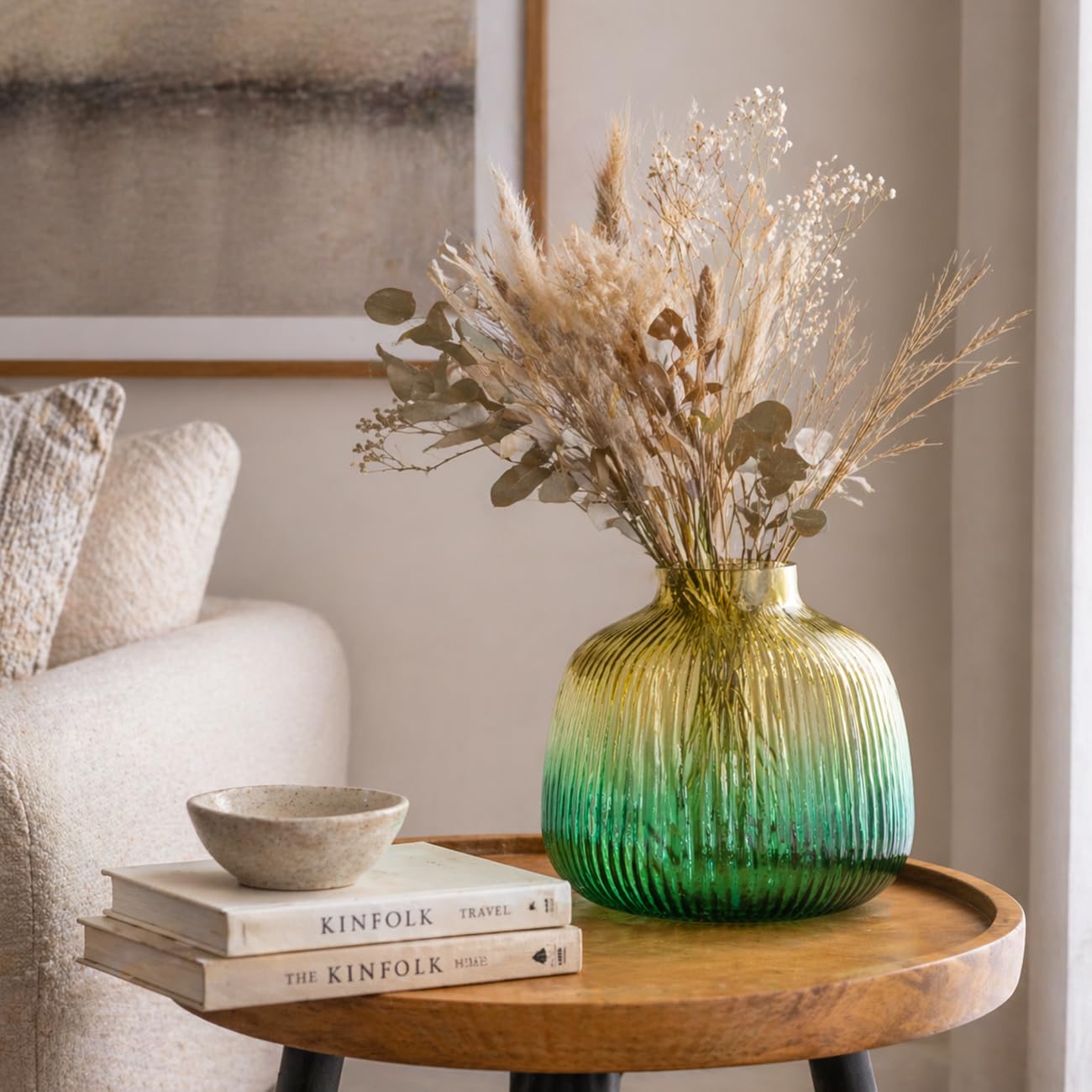 Fluted Round Glass Vase | Green Colour | 6 inches Height