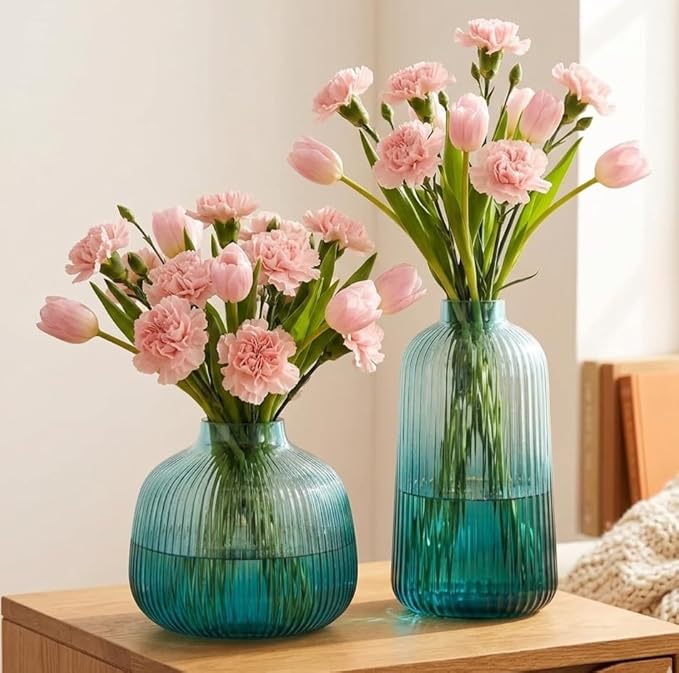 Fluted Glass Vases Combo set | Blue | 6 inches, 8.5 inches