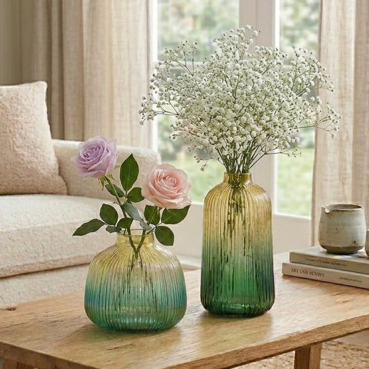 Fluted Glass Vases COMBO SET | Green Colour | 6 inches, 8.5 inches