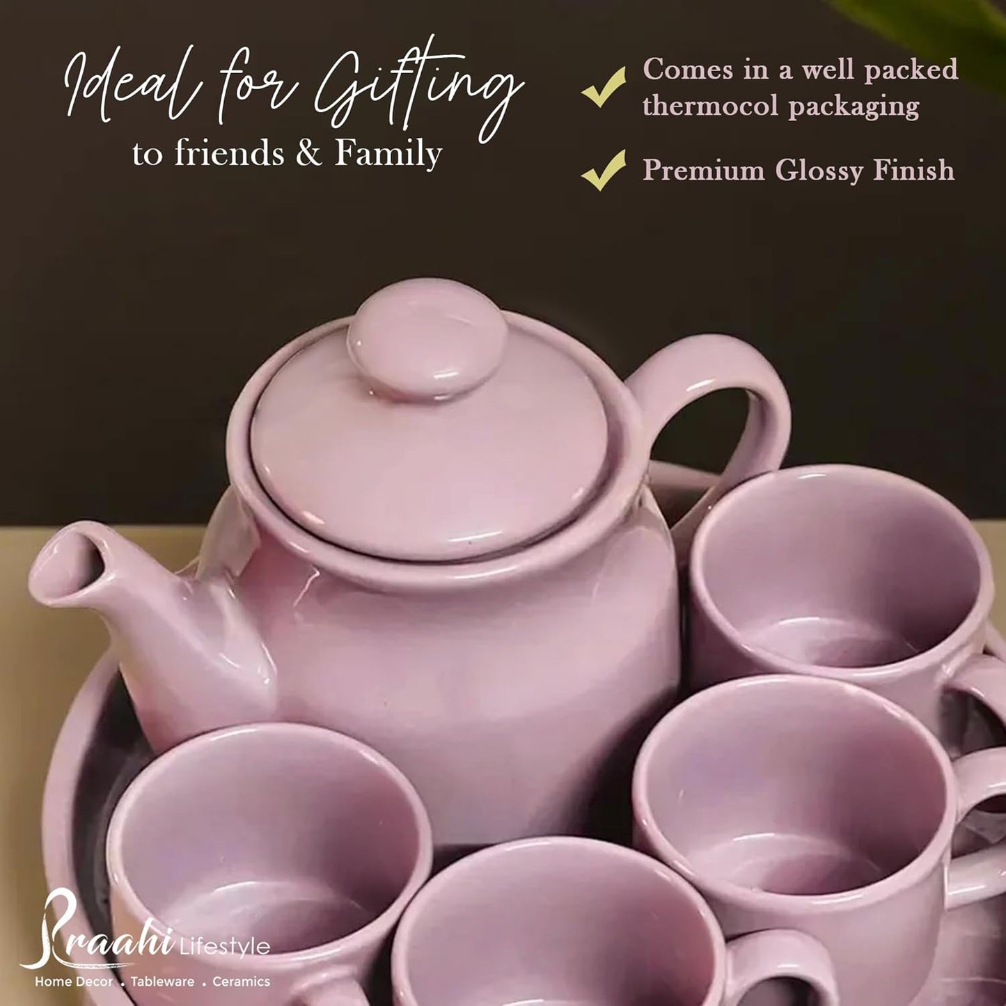 Ceramic Tea Cup Set with Kettle & Serving Tray | Lavender Colour (6 pieces set)