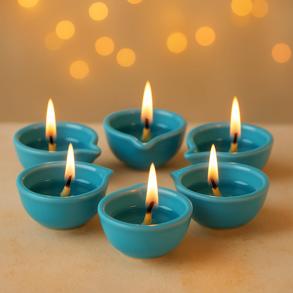 Decorative Ceramic Handmade Diya Set | Pack Of 12 | Pastel Blue Colour