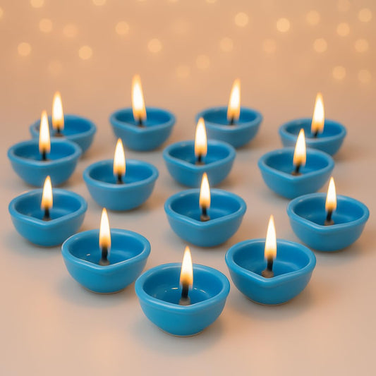 Decorative Ceramic Handmade Diya Set | Pack Of 12 | Pastel Blue Colour