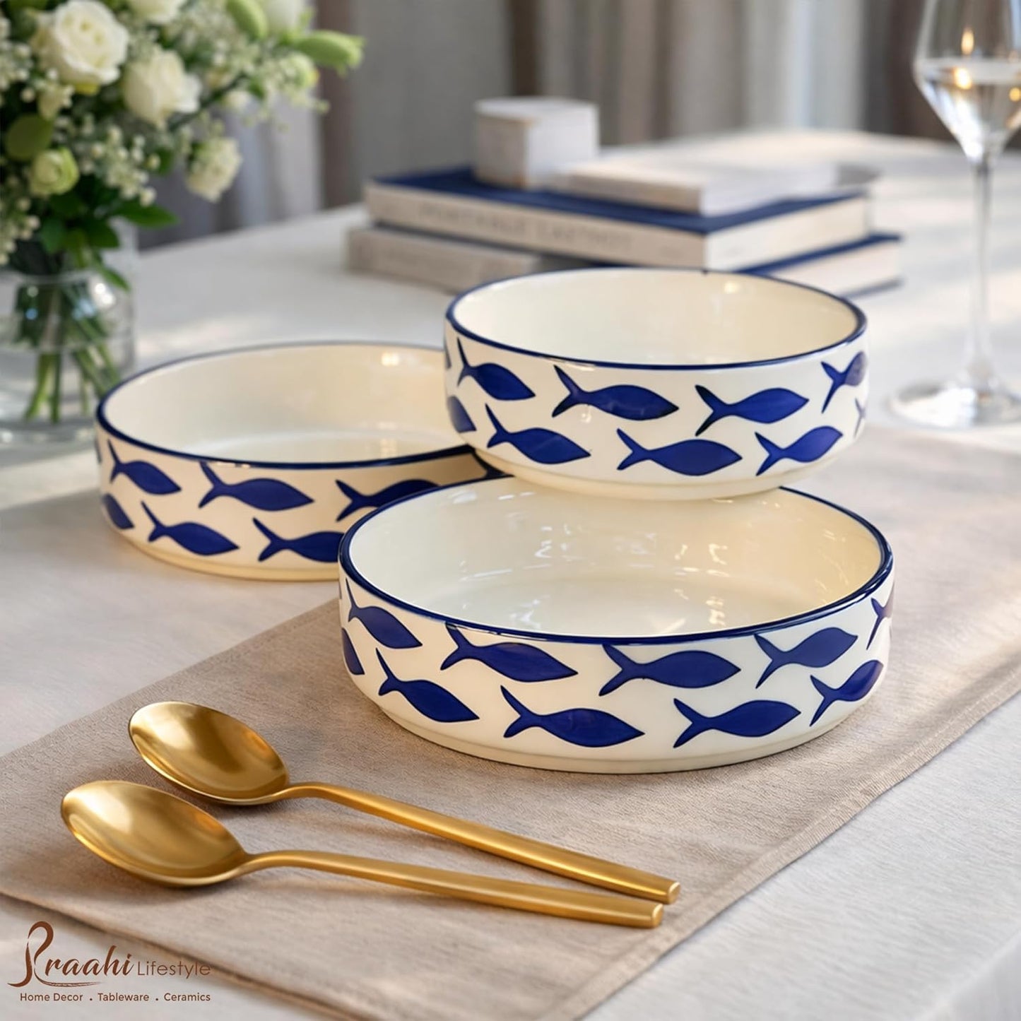 Premium Ceramic Salad Bowl - Set Of 3 Serving Bowl (Fish pattern salad bowl)