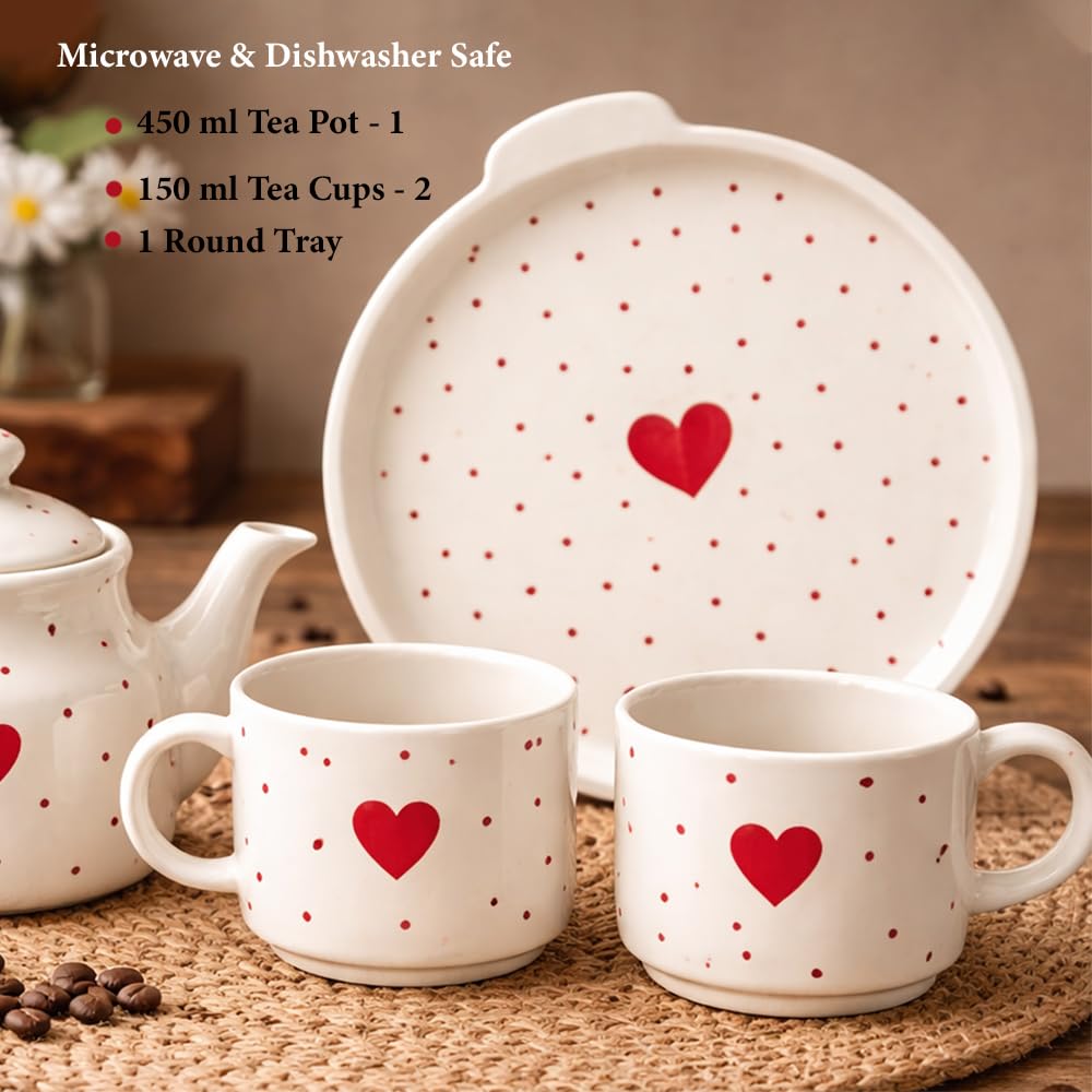 Ceramic Tea Cup Set with Kettle & Serving Tray | Pure Love Red Hearts (4 Piece Set)