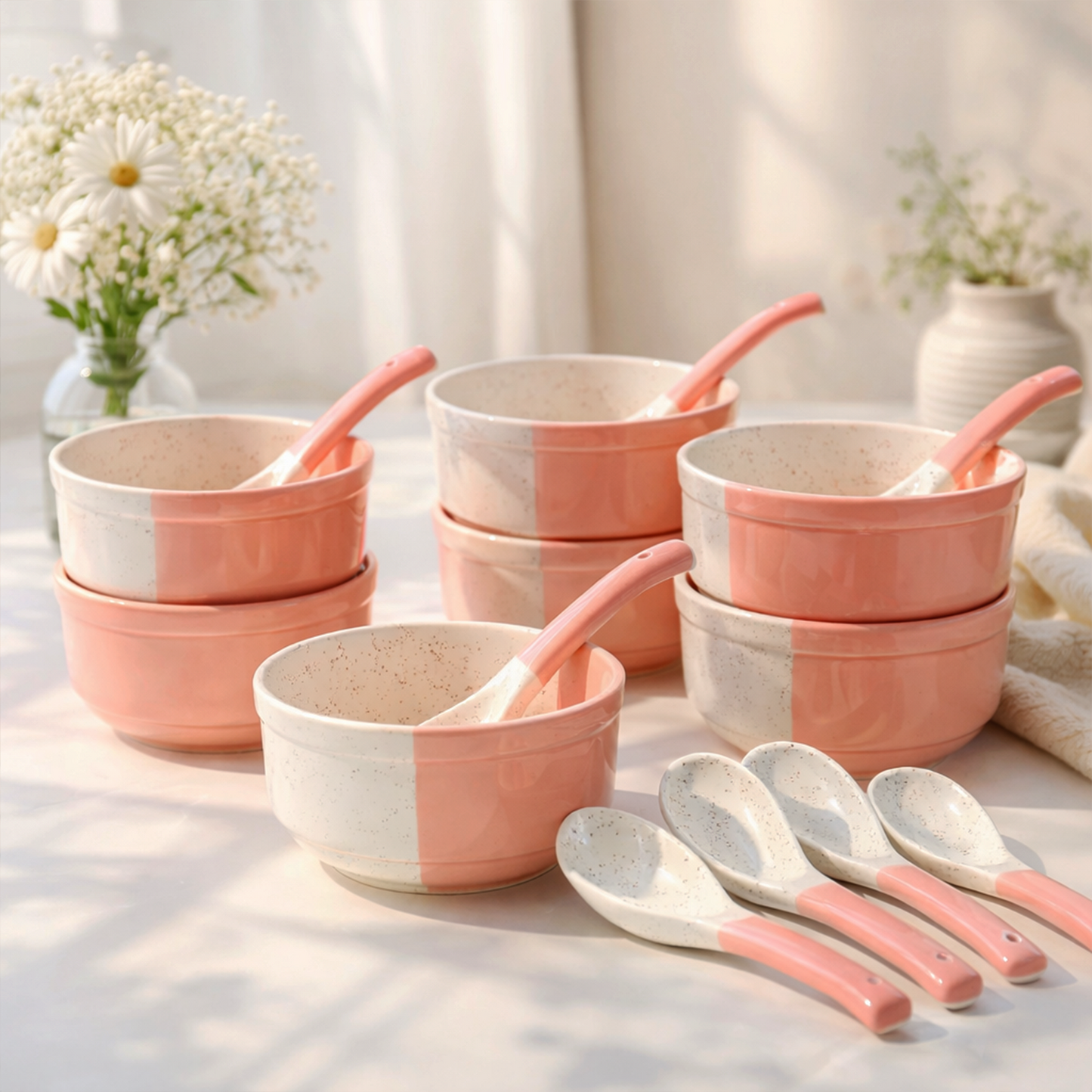 Ceramic Soup Bowl Set with Spoon - Set of 6