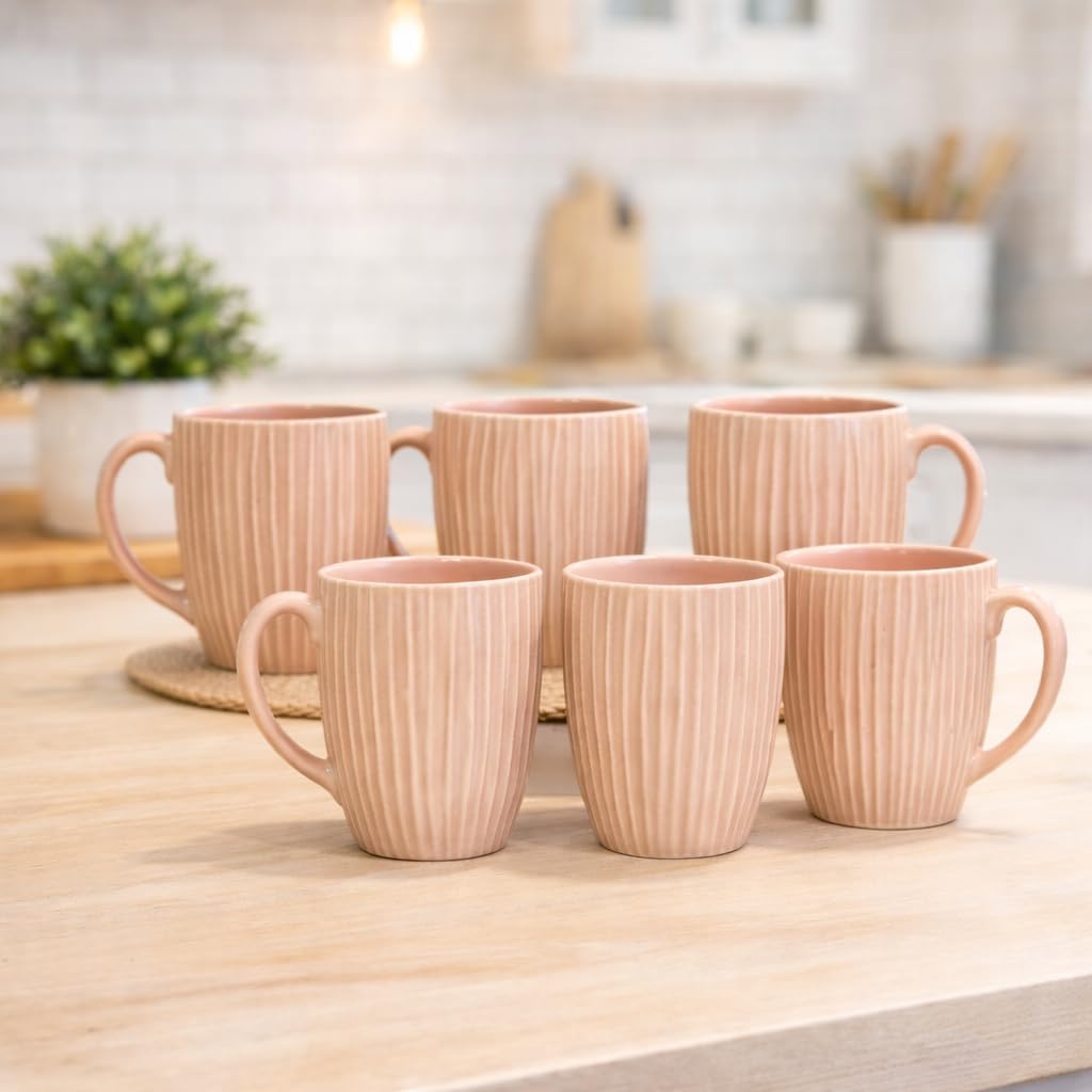 Blush Pink Embossed Coffee Mugs Set of 6