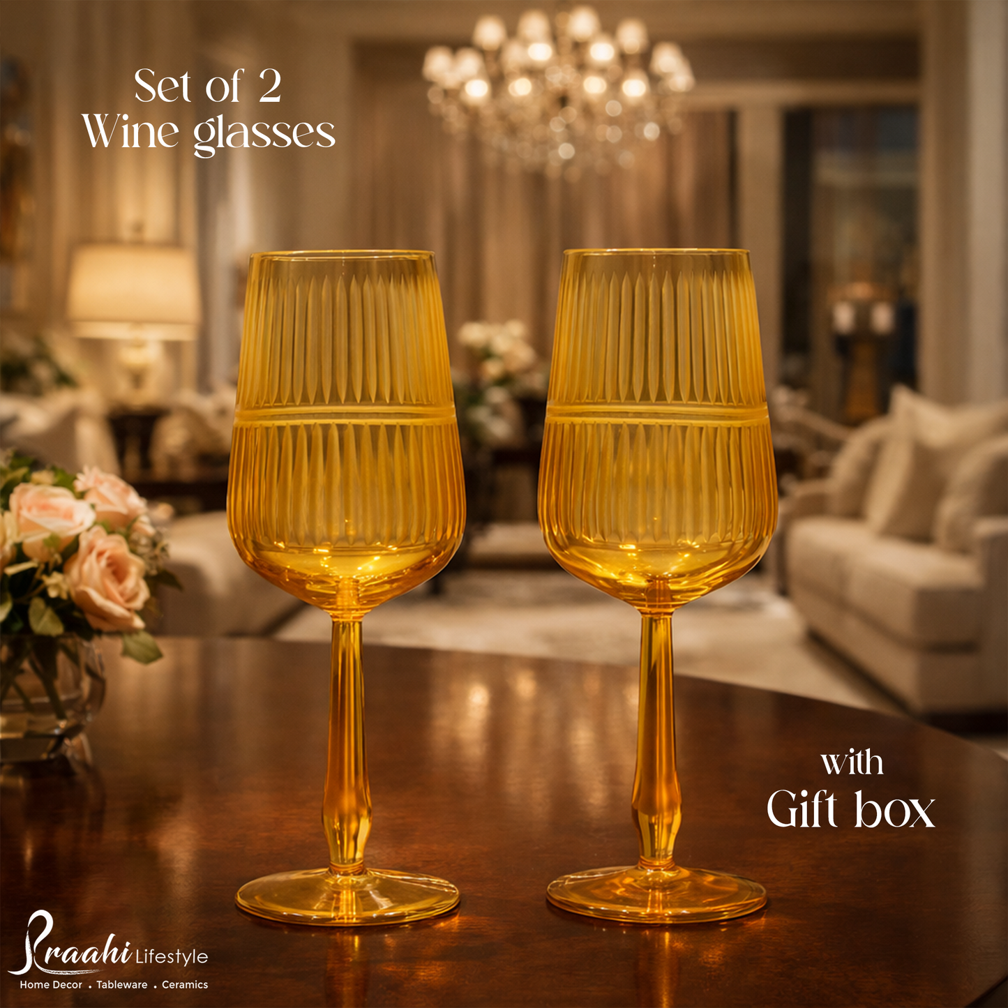 Premium Wine Glasses With Gift Box (Set of 2, Amber)